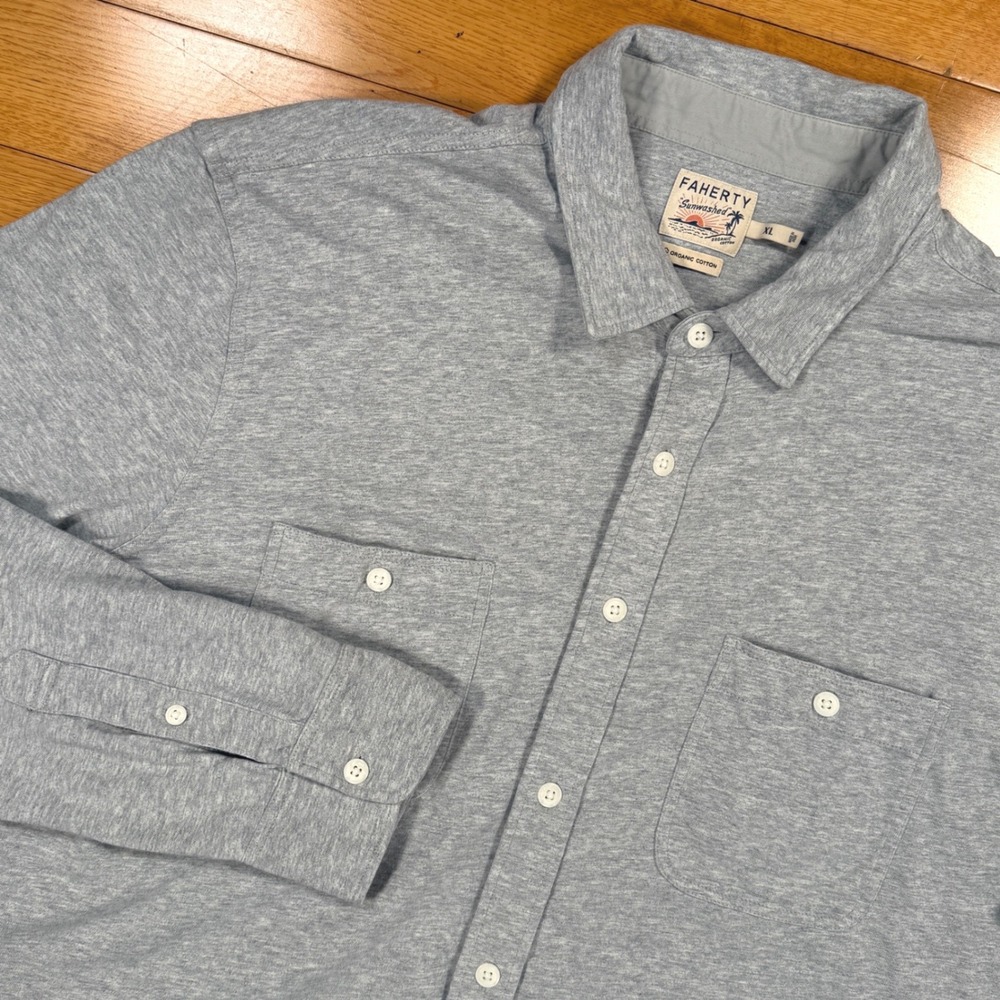 Faherty Sunwashed Mens XL Grey Organic Cotton Knit Jersey Button Down Shirt